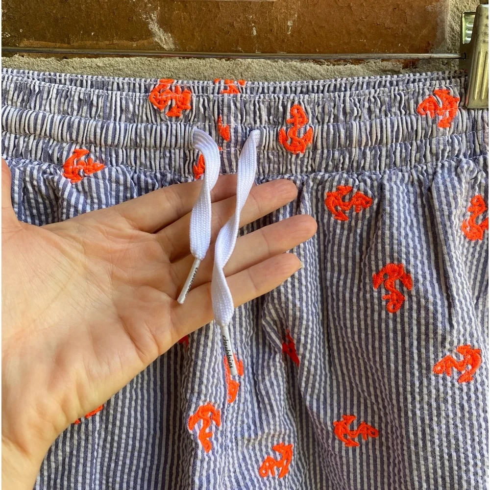 Chubbies Blue Seersucker 5.5” Inseam Swim Trunks with Orange Anchors, Size Small
